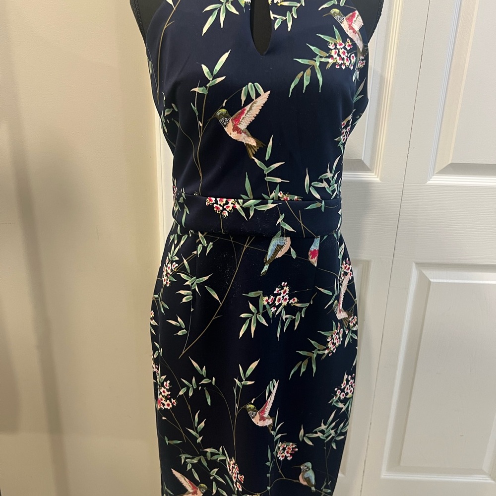New York & Company Navy Bird Print Midi Dress